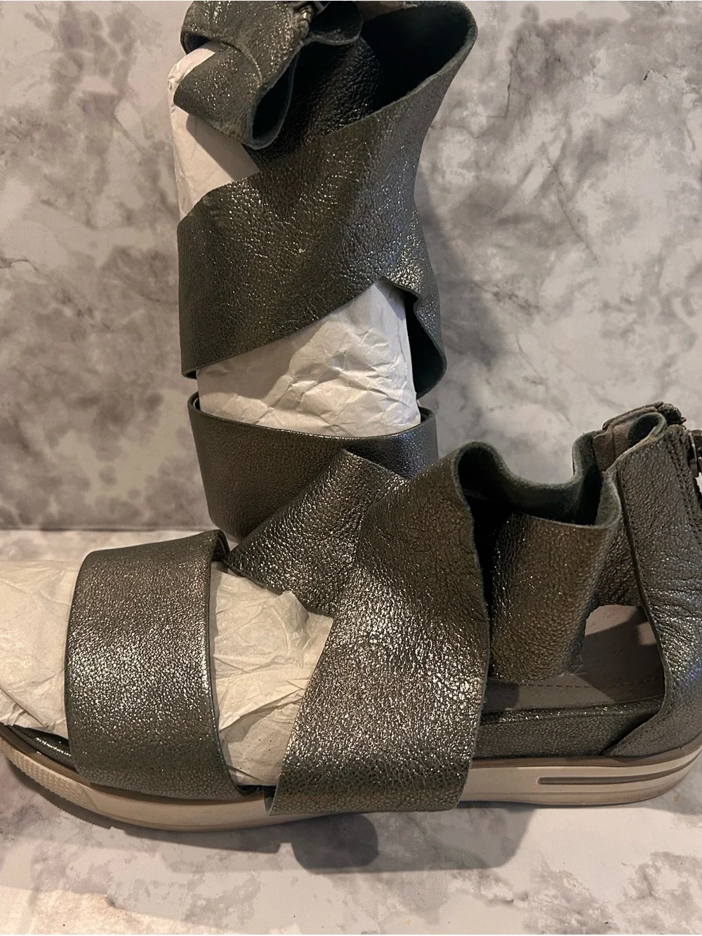 Ellen Fisher Metallic Gray Platform Sandals with Crisscross Straps